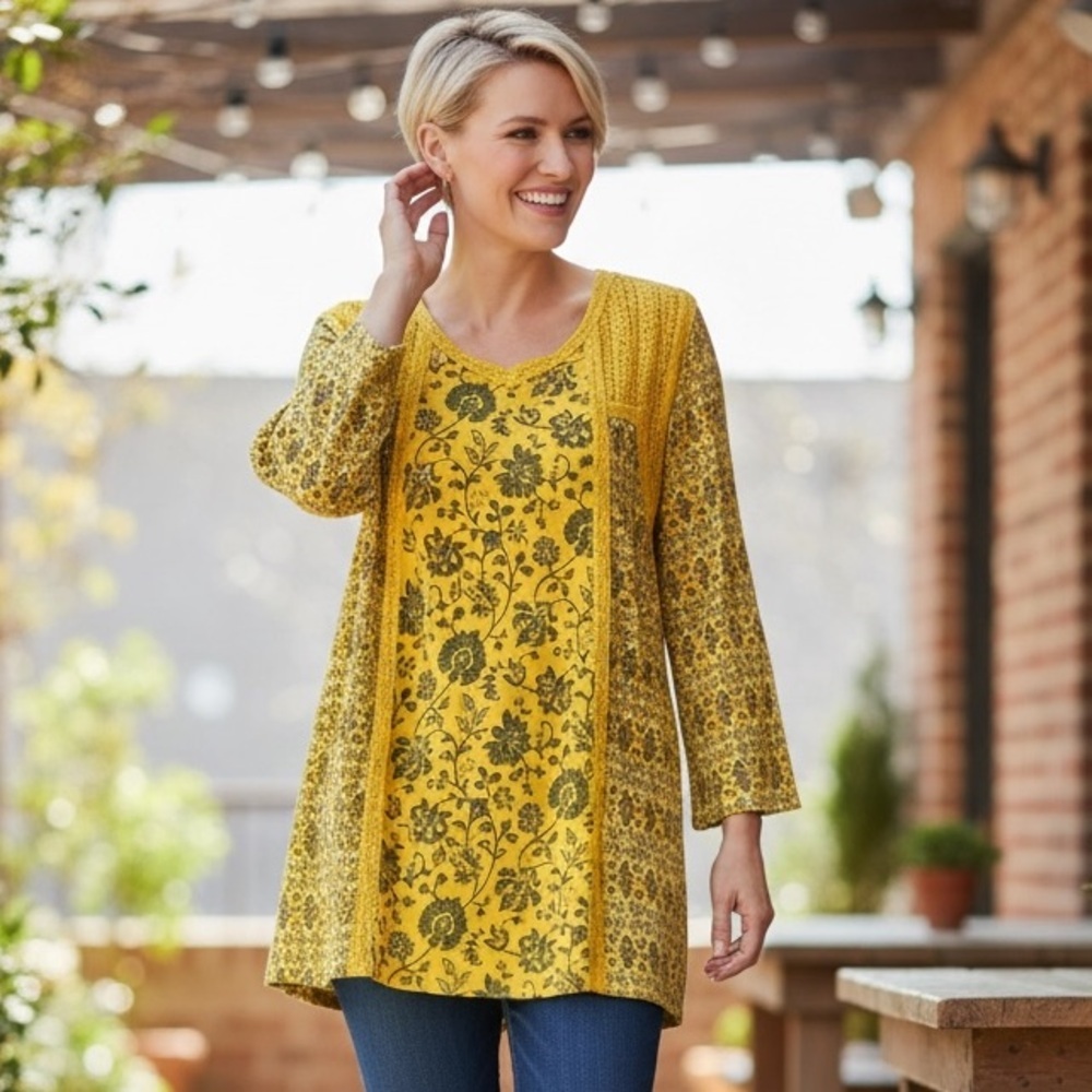 LOGO Lori Goldstein Yellow Floral Lace Trim Top Size Medium Boho Floral Top